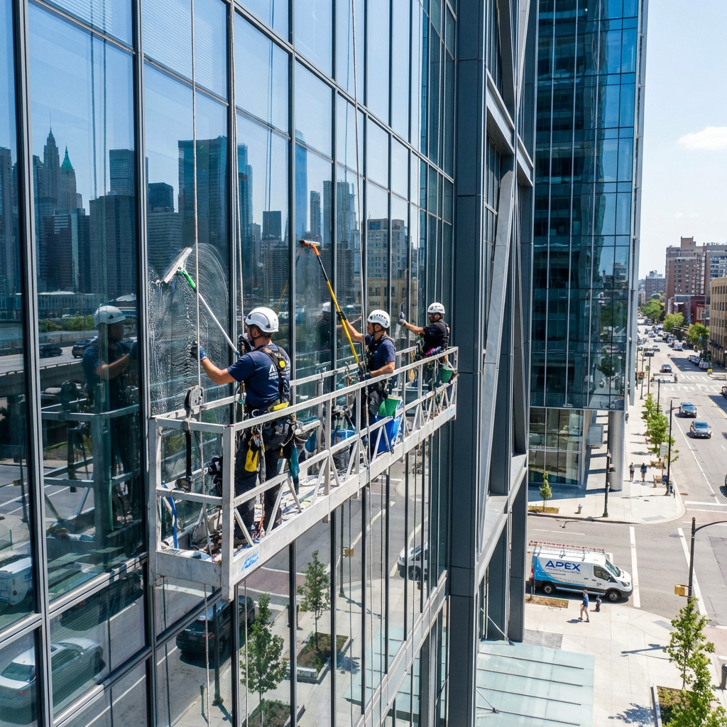 Three window cleaners on a suspended platform cleaning a modern glass skyscraper.